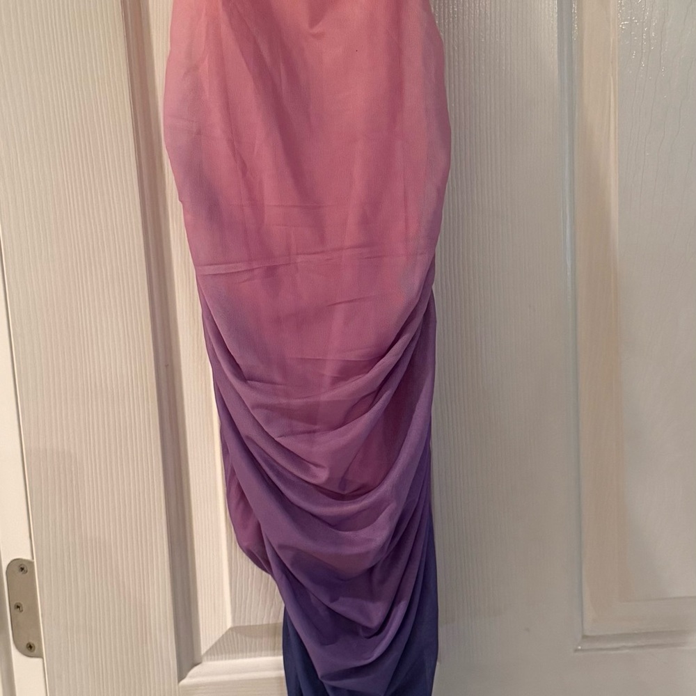 Strapless Ombre Ruched Bodycon Dress - Pink to Blue - Picture 3 of 4